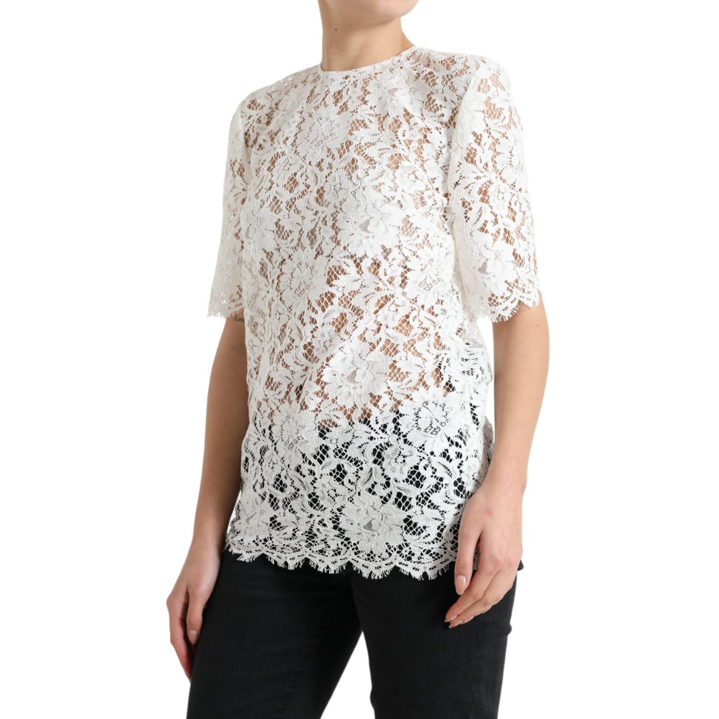 Dolce & Gabbana White Floral Lace Cotton Round Neck Blouse Top