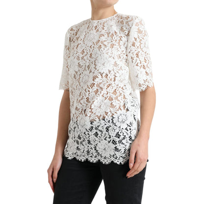 Dolce & Gabbana White Floral Lace Cotton Round Neck Blouse Top