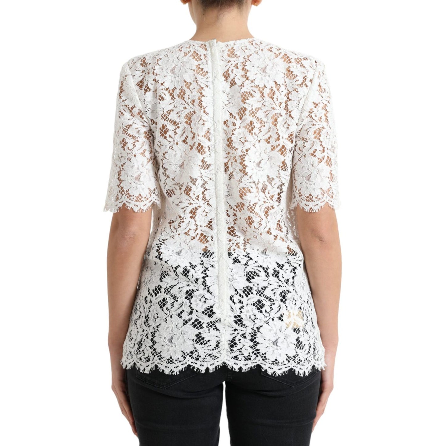 Dolce & Gabbana White Floral Lace Cotton Round Neck Blouse Top
