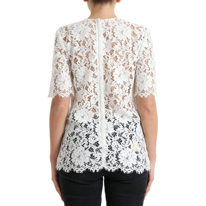 Dolce & Gabbana White Floral Lace Cotton Round Neck Blouse Top