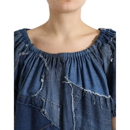 Dolce & Gabbana Blue Patchwork Short Sleeves Denim Blouse Top