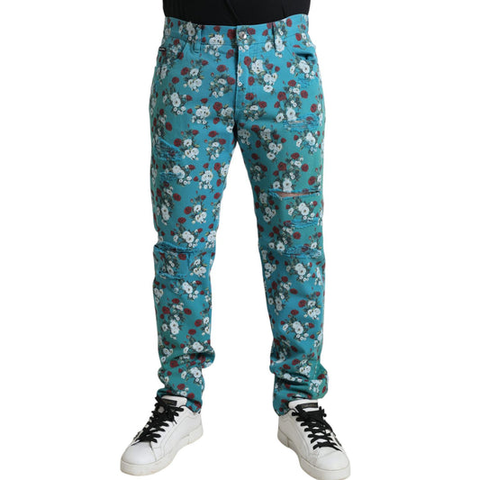 Dolce & Gabbana Blue Floral Print Skinny Cotton Denim Pants