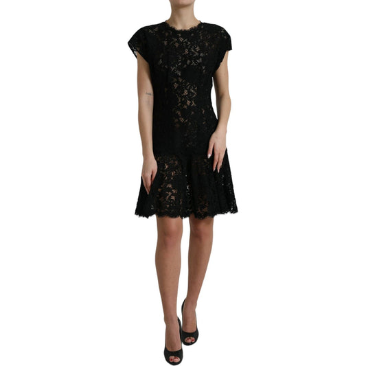 Dolce & Gabbana Black Floral Lace Cotton A-line Mini Dress