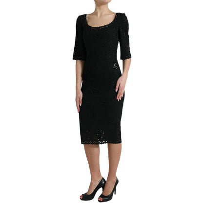 Dolce & Gabbana Black Floral Lace Viscose Bodycon Midi Dress