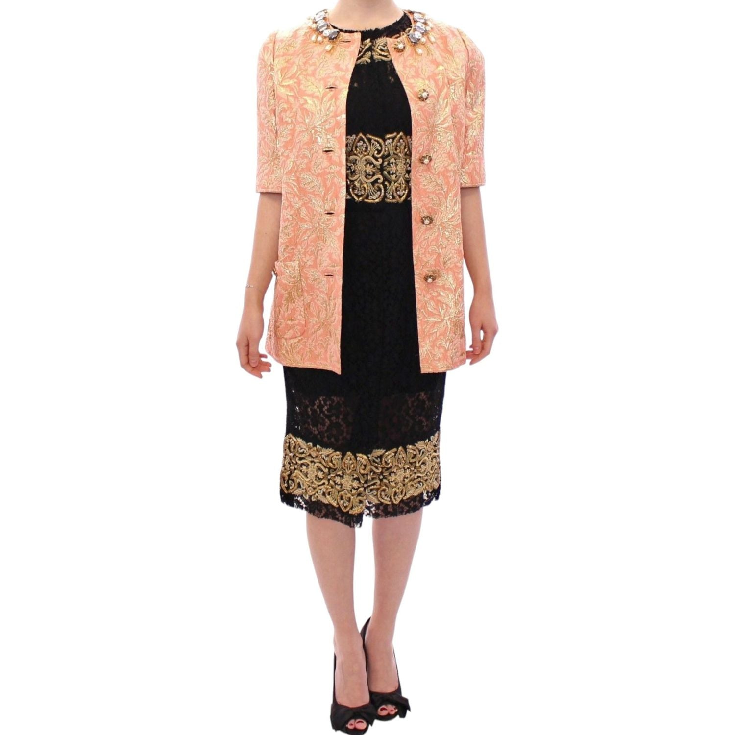 Dolce & Gabbana Pink Silk Brocade Crystal Jacket Coat