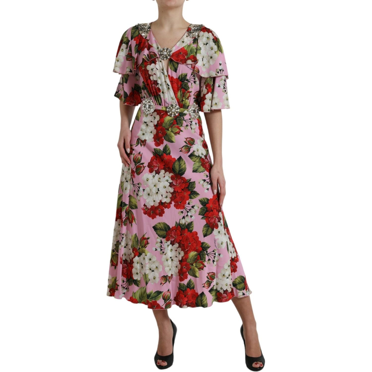 优雅水晶缀饰真丝连衣裙