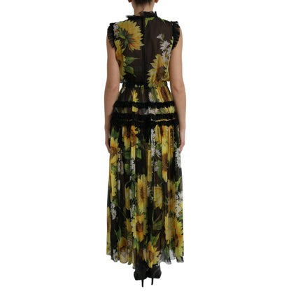 Dolce & Gabbana Black Sunflower A-line Pleated Maxi Dress