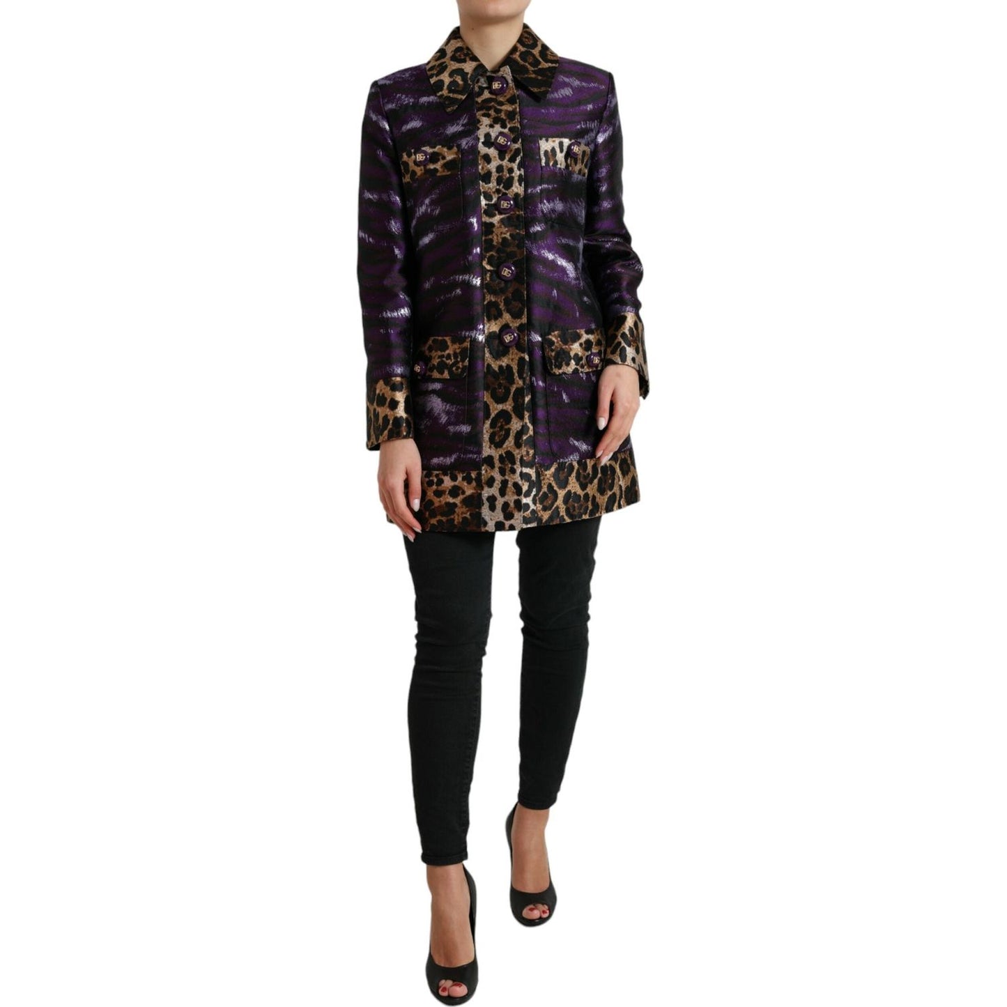 Dolce & Gabbana Purple Lamé Jacquard Tiger Print Coat Jacket