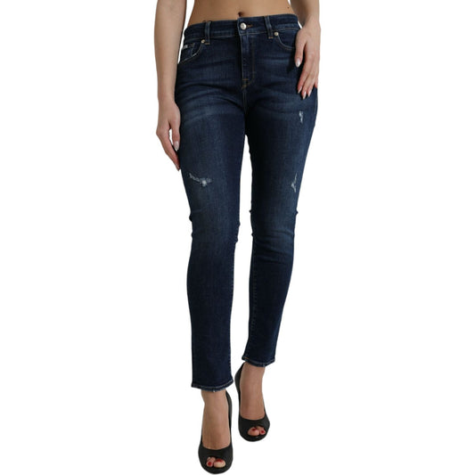 Elegant Dark Blue Mid Waist Stretch Jeans