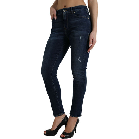 Elegant Dark Blue Mid Waist Stretch Jeans