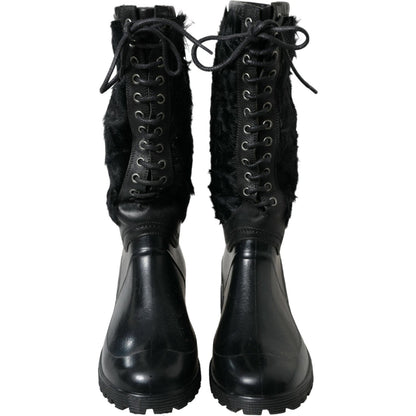 Dolce & Gabbana Black Rubber Lace Up Shearling Rain Boots Shoes