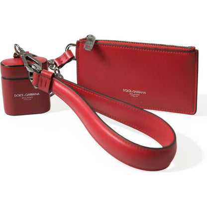 Dolce & Gabbana Red Leather Silver Metal Logo Strap Pouch Airpods Case