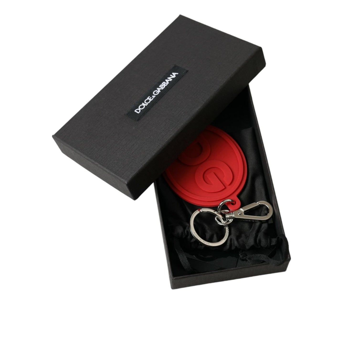 Dolce & Gabbana Red Rubber DG Logo Silver Brass Metal Keyring Keychain