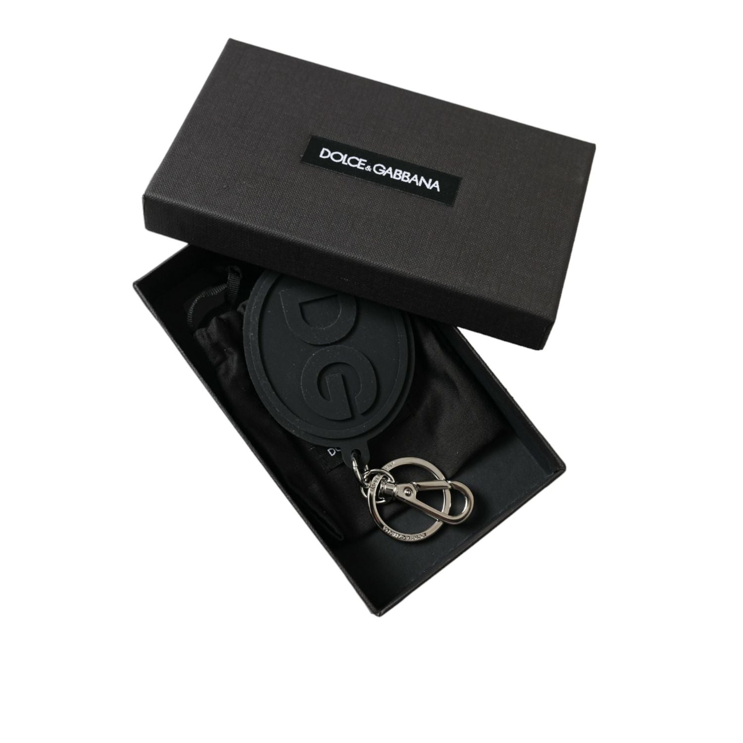 Dolce & Gabbana Black Rubber DG Logo Silver Brass Metal Keyring Keychain