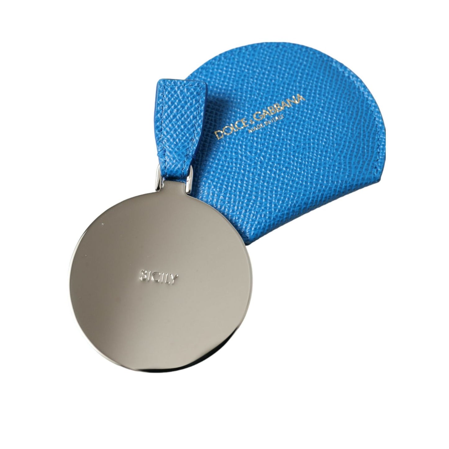 Dolce & Gabbana Blue Calfskin Leather Round Logo Hand Mirror Holder
