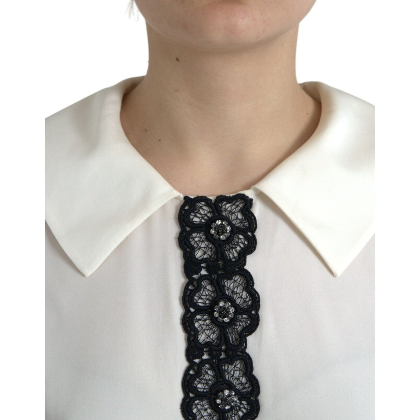 Dolce & Gabbana Elegant Off-White Lace-Trim Silk Blouse Dolce & Gabbana