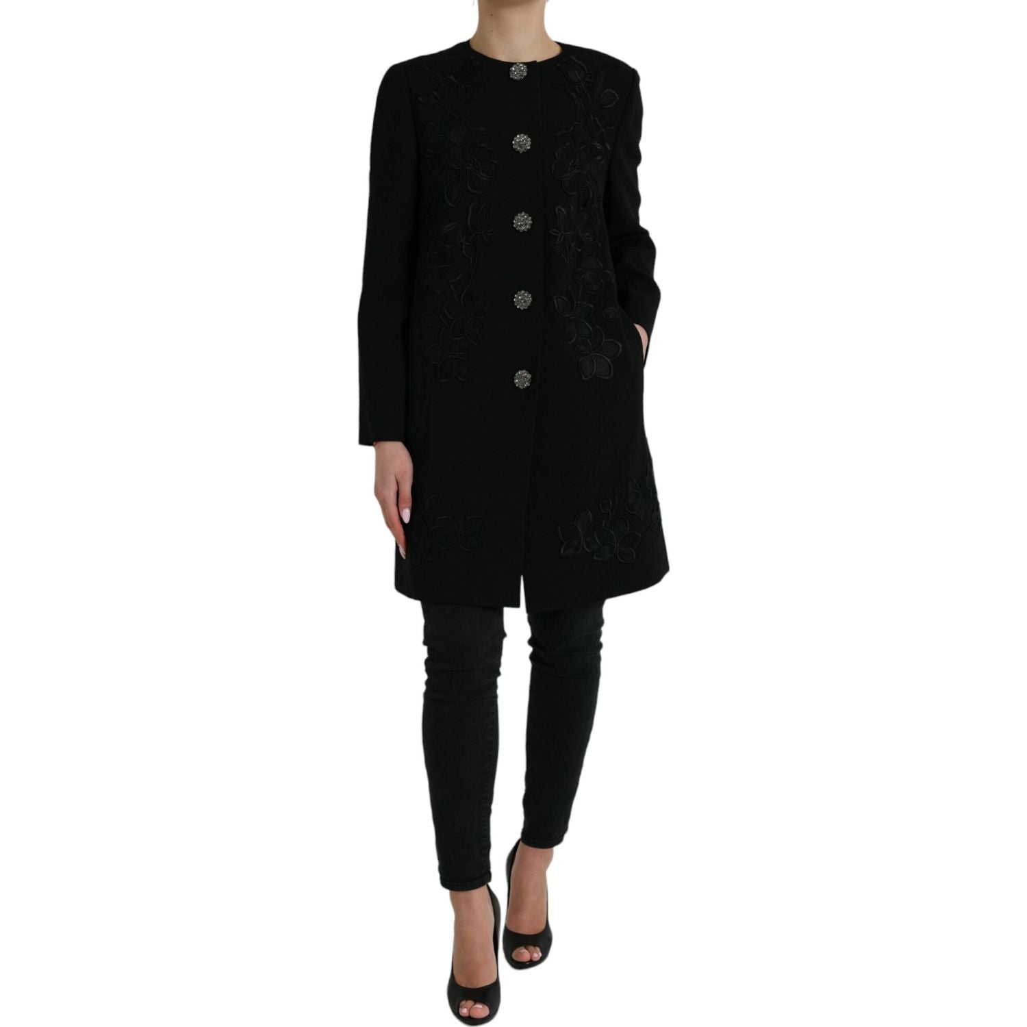 Dolce & Gabbana Black Floral Wool Button Embellished Jacket