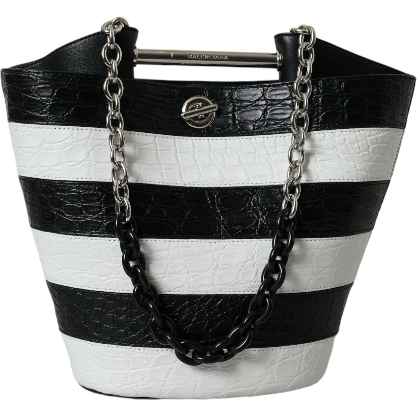 Balenciaga Black White Striped Exotic Skin Leather Maxi Bucket Tote Bag