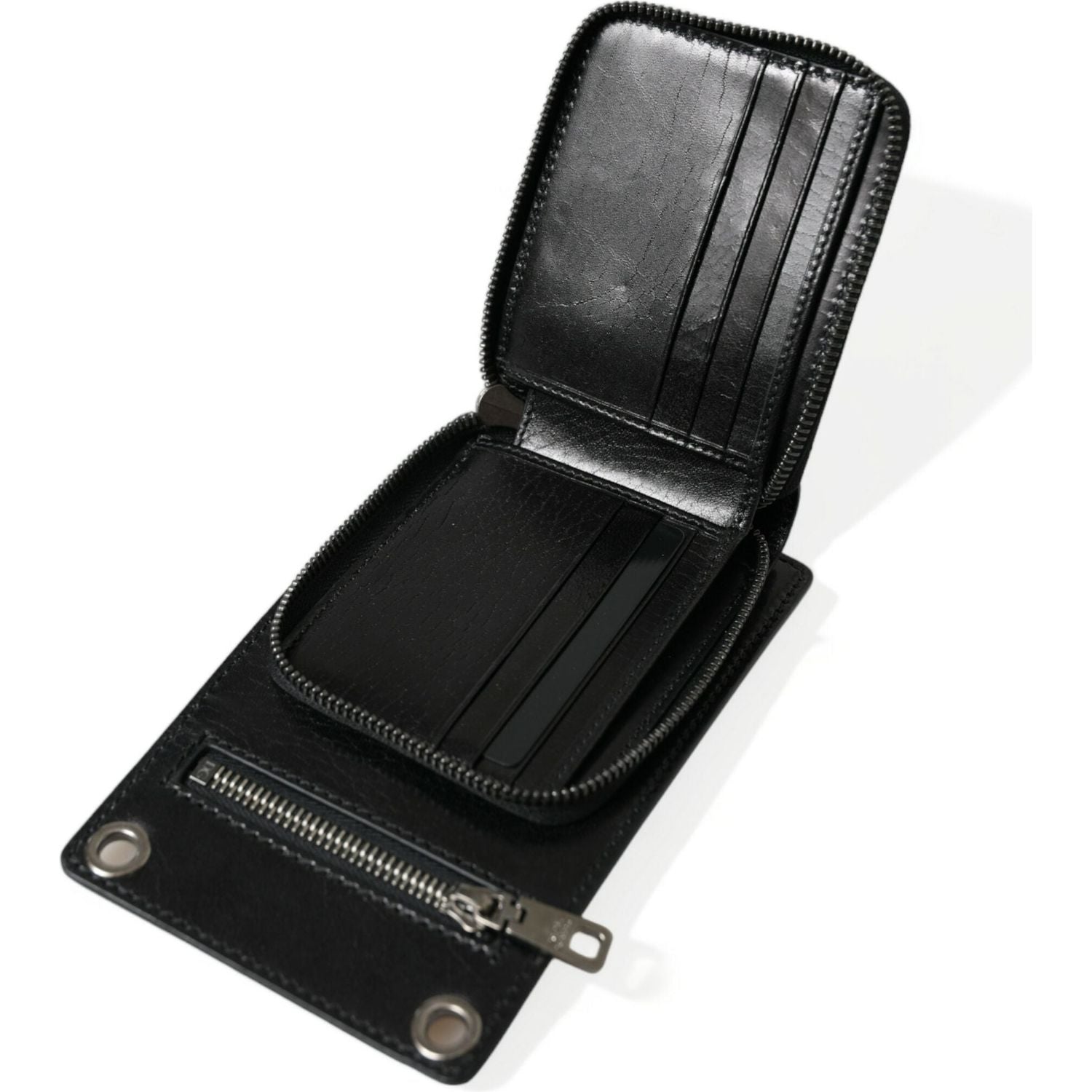 黑色小牛皮拉链徽标肩带钱包