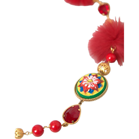 Dolce & Gabbana Gold Brass Red Fur Crystal Carretto Chain Necklace Necklace Dolce & Gabbana