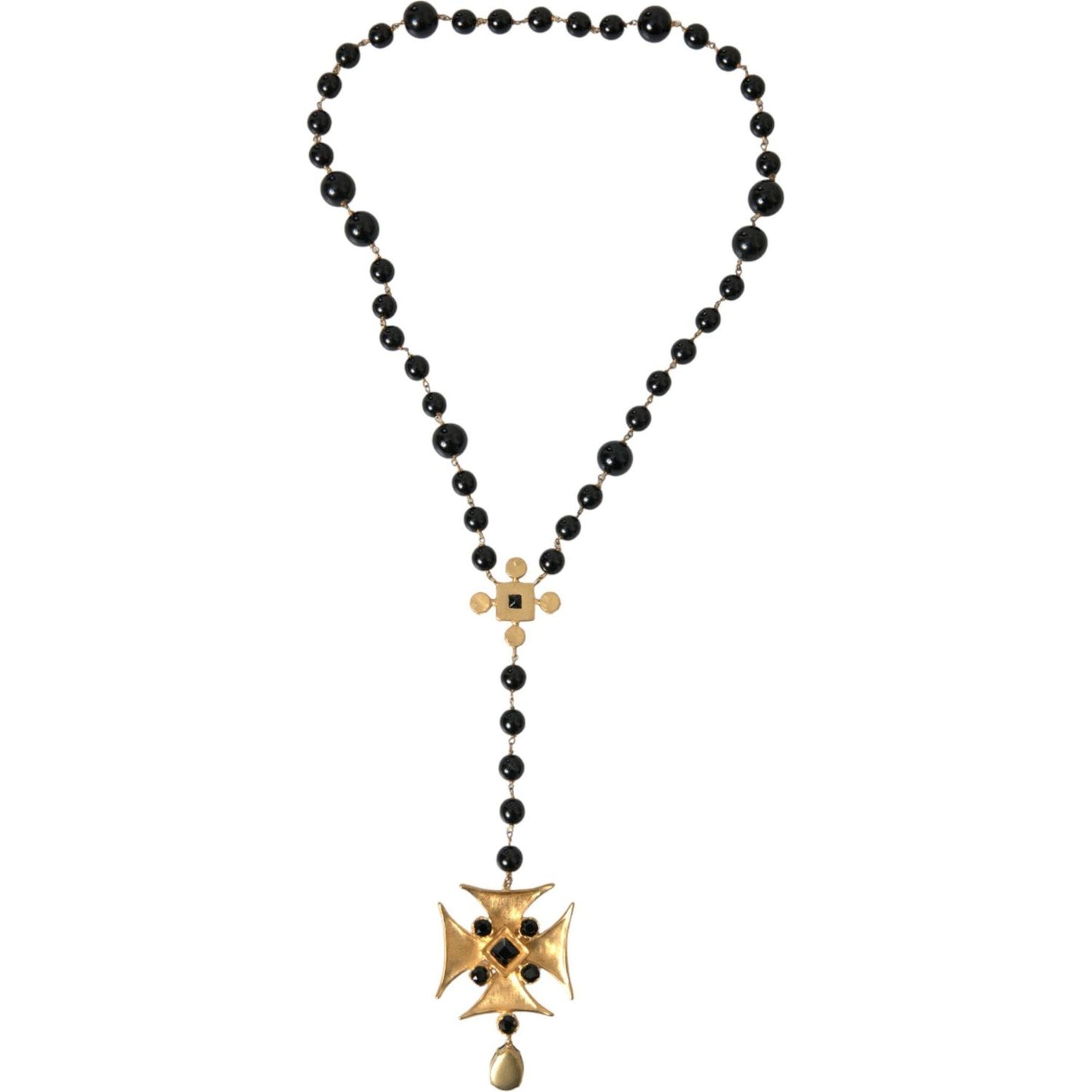 Dolce & Gabbana Gold Tone Brass Cross Black Beaded Chain Rosary Necklace Necklace Dolce & Gabbana