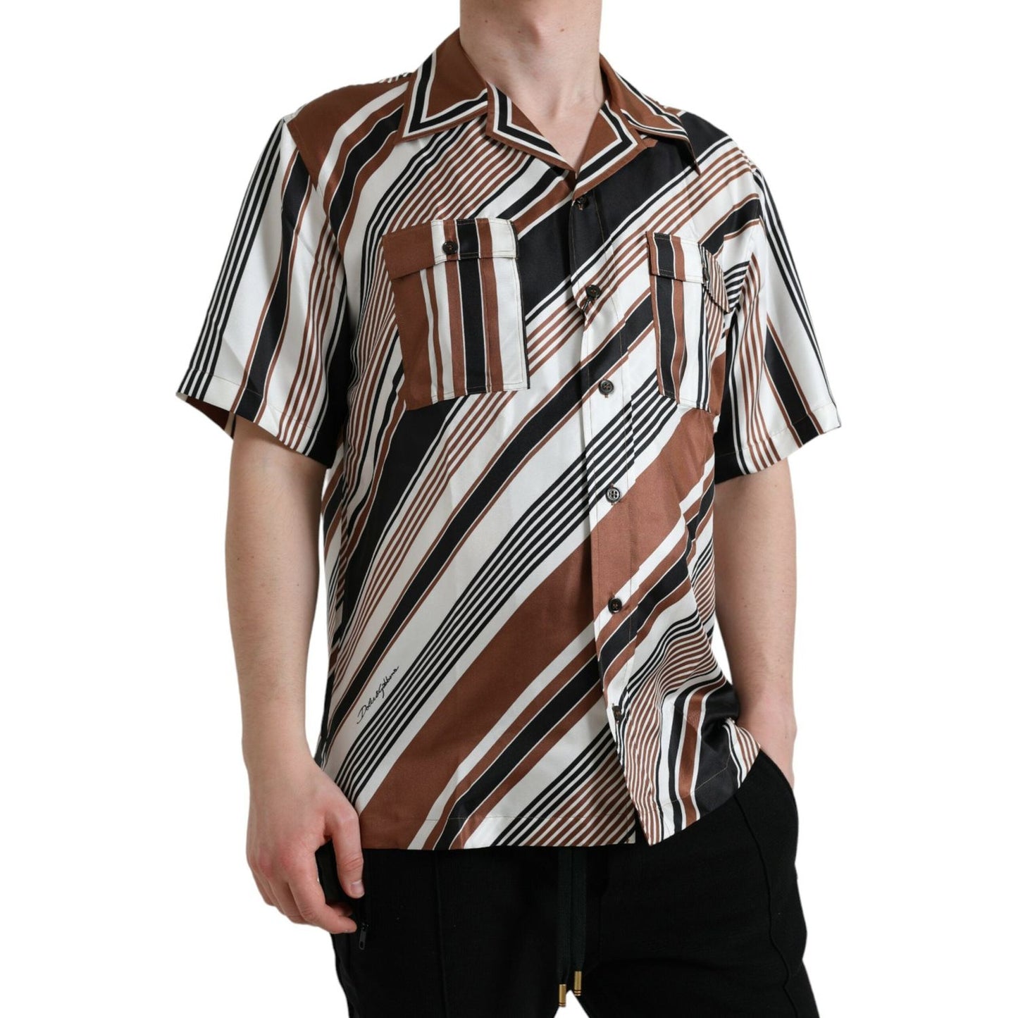 Dolce & Gabbana Brown White Silk Striped Short Sleeve Shirt Dolce & Gabbana