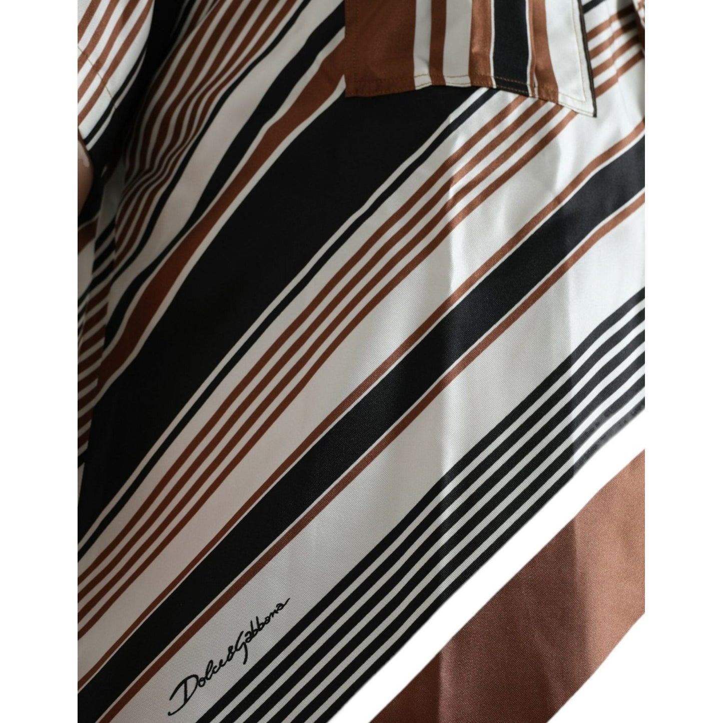 Dolce & Gabbana Brown White Silk Striped Short Sleeve Shirt Dolce & Gabbana