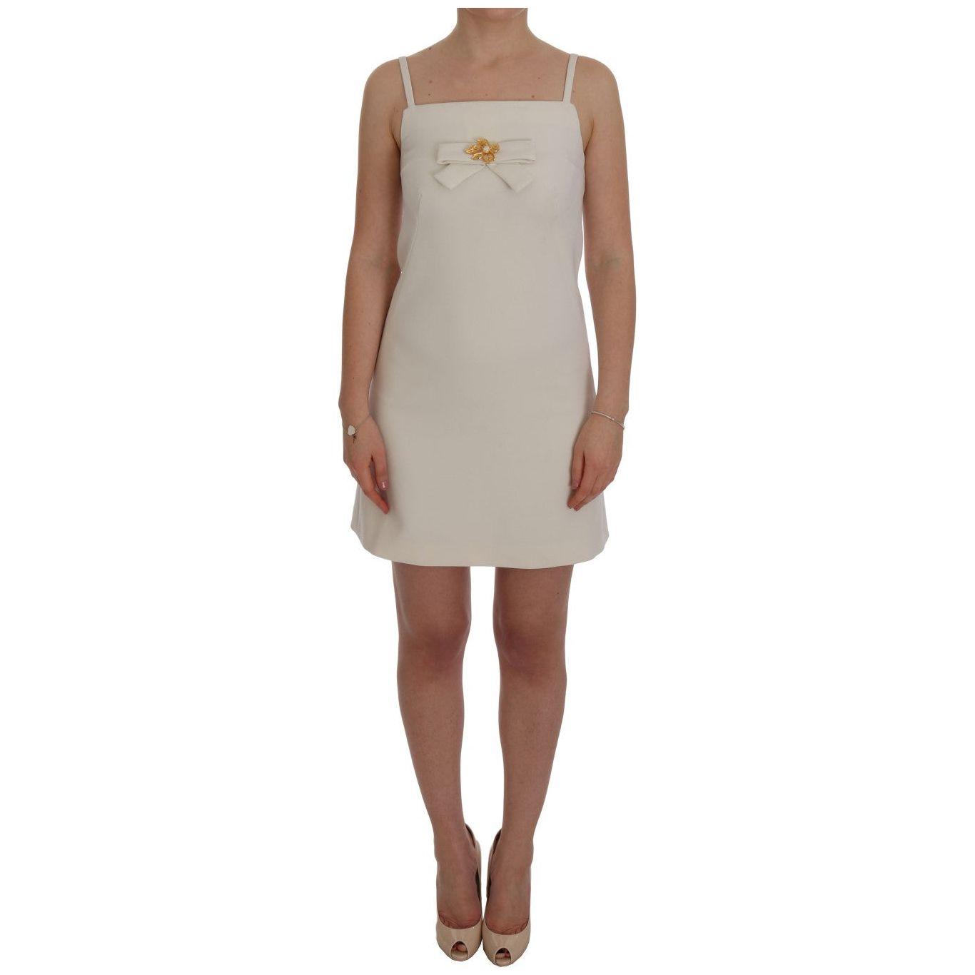 Dolce & Gabbana White Wool Stretch Brooch Shift Dress