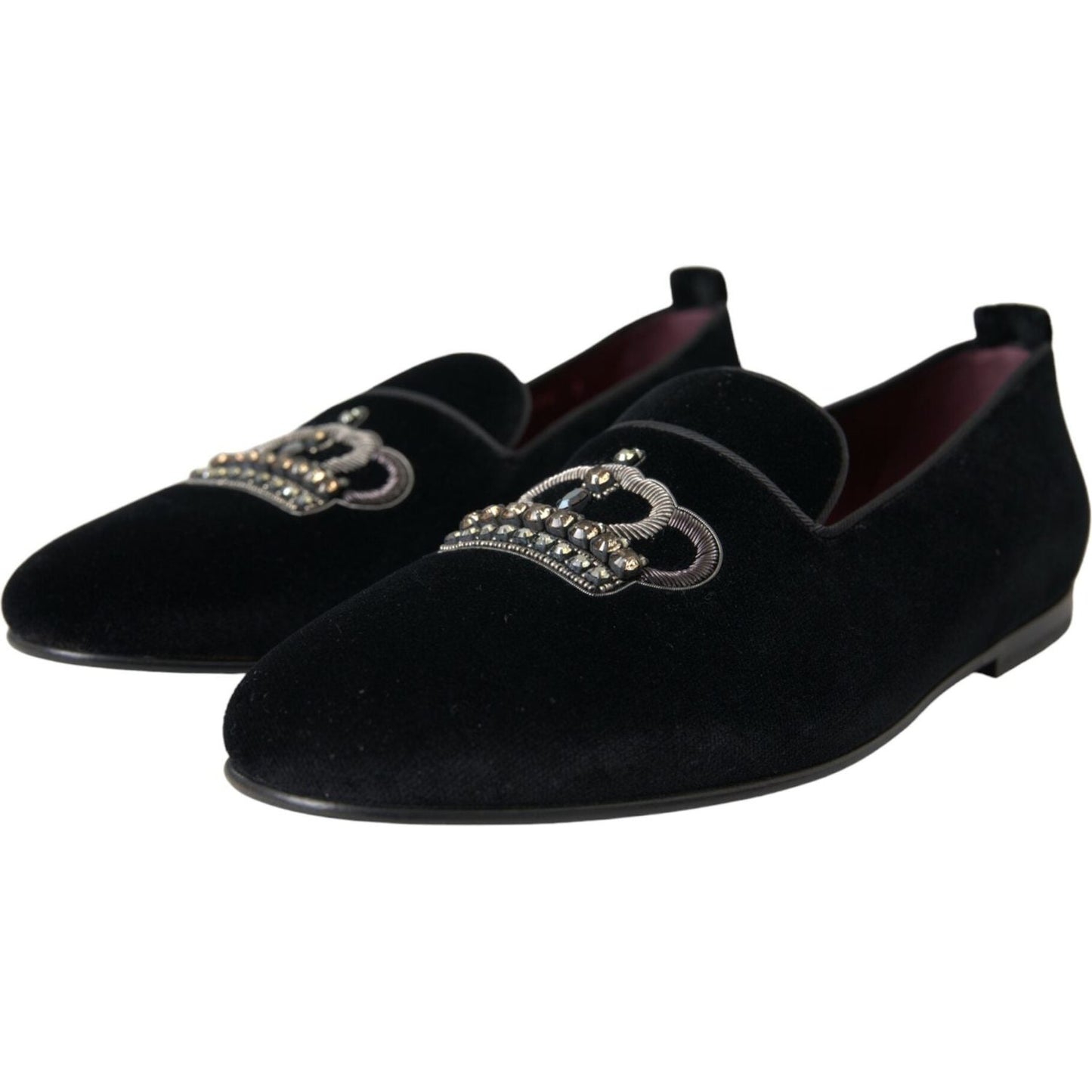 Dolce & Gabbana Black Velvet Crystal Crown Men Loafers Shoes Dolce & Gabbana