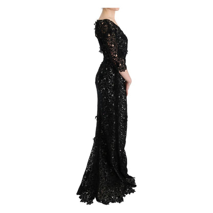Dolce & Gabbana Black Cotton Silk Floral Long Dress