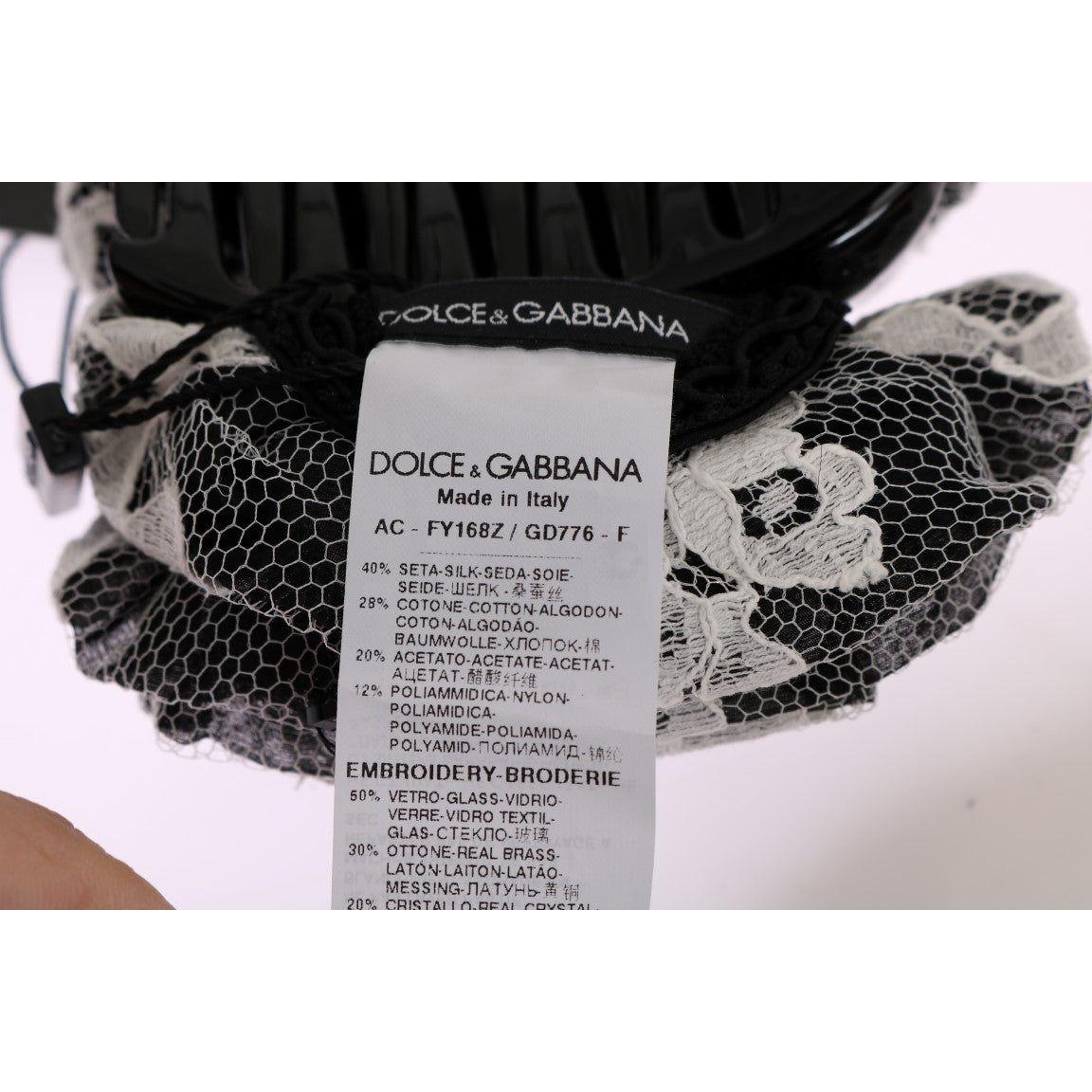 Dolce & Gabbana Black White Floral Lace Crystal Hair Claw