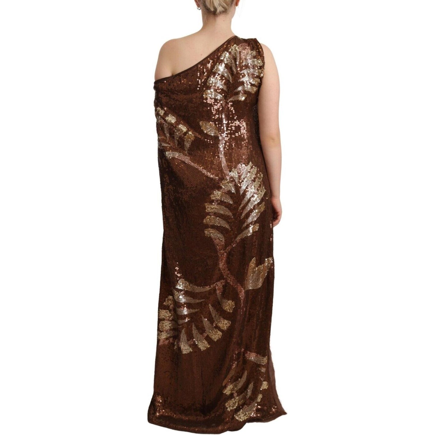 Dsquared² Brown Leaf Sequined Shift One Shoulder Long Dress Dsquared²