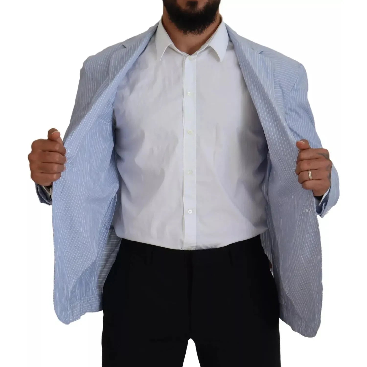 蓝色条纹单排扣正装外套