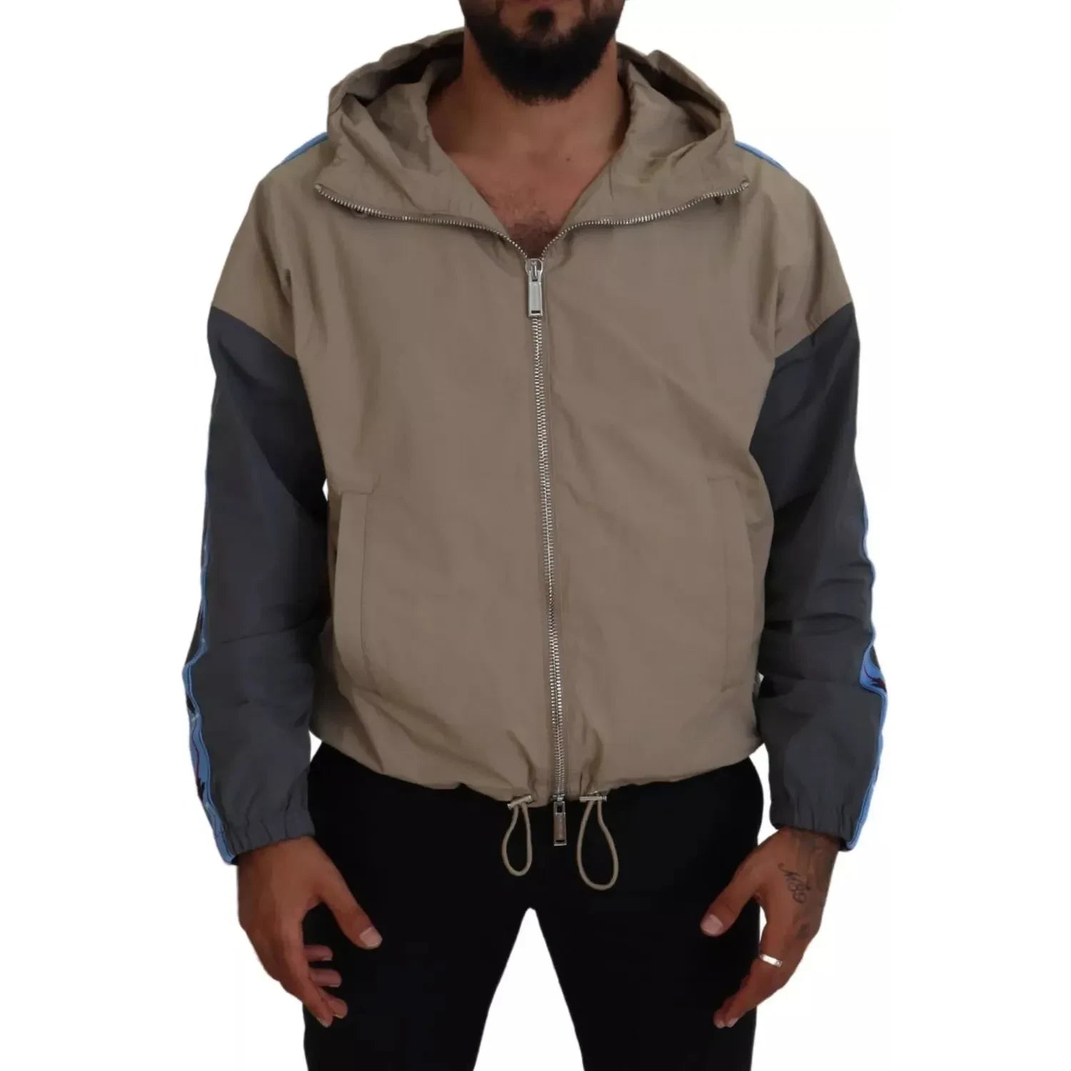 棕灰色袖子连帽全拉链夹克