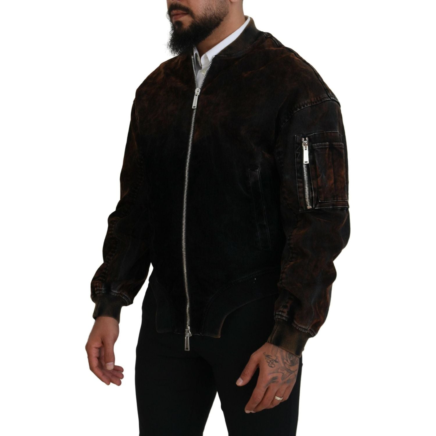 棕色棉质飞行员拉链口袋袖夹克