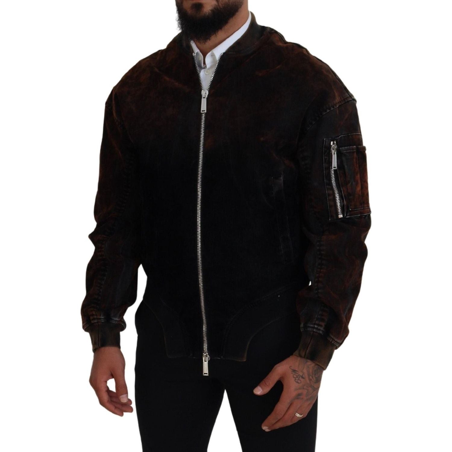 棕色棉质飞行员拉链口袋袖夹克