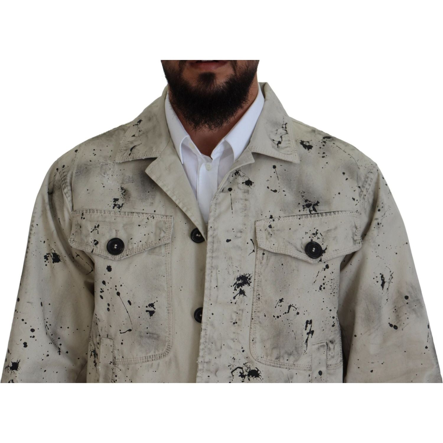 米白色黑色泼墨印花休闲牛仔夹克