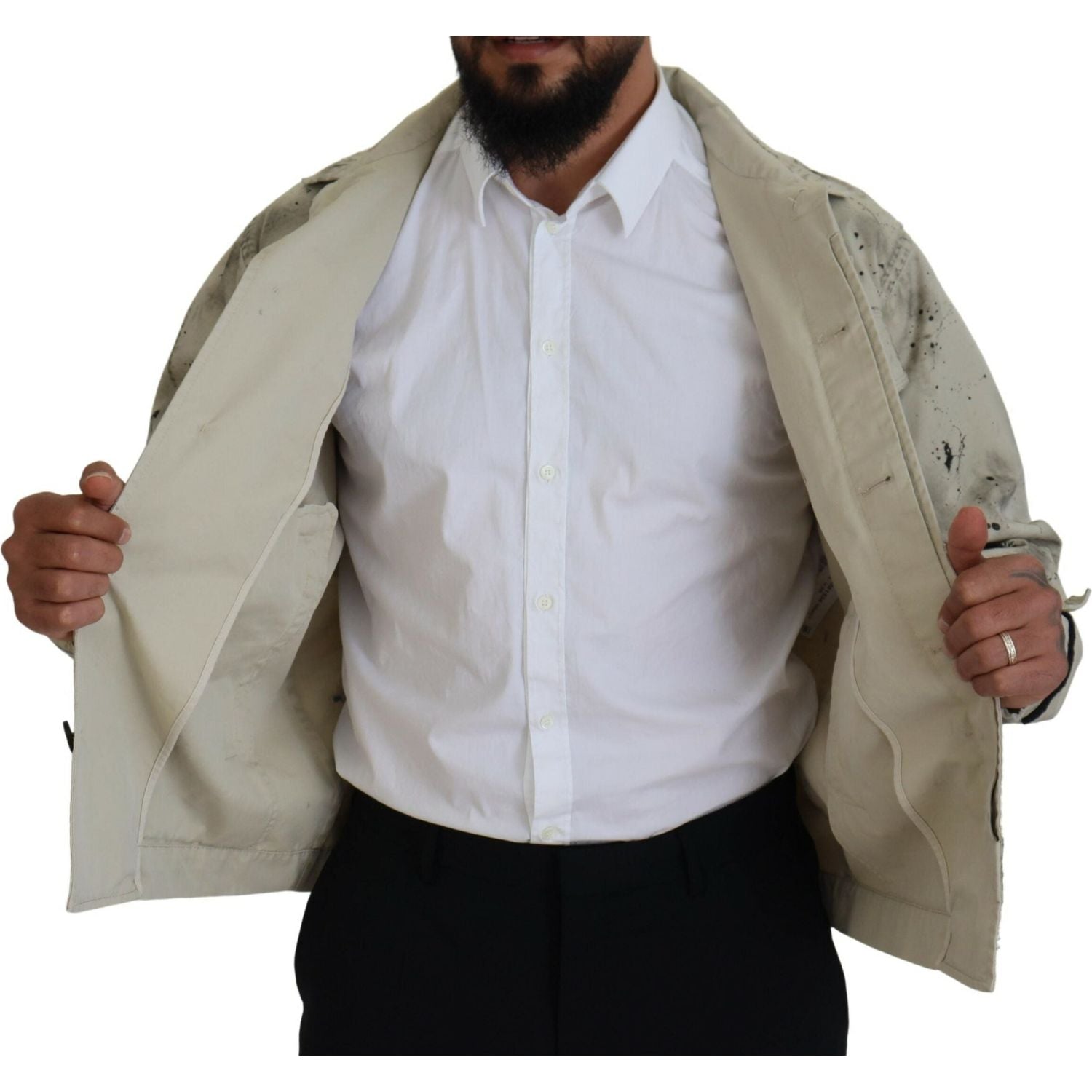 米白色黑色泼墨印花休闲牛仔夹克