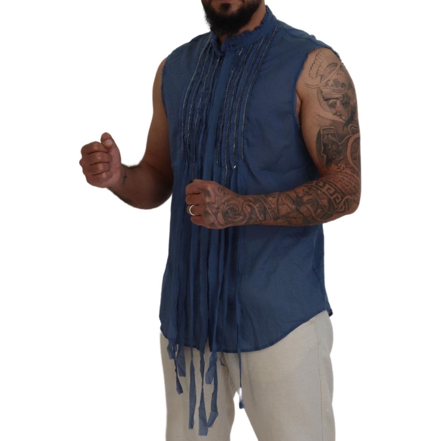 蓝色棉质链条装饰无袖衬衫