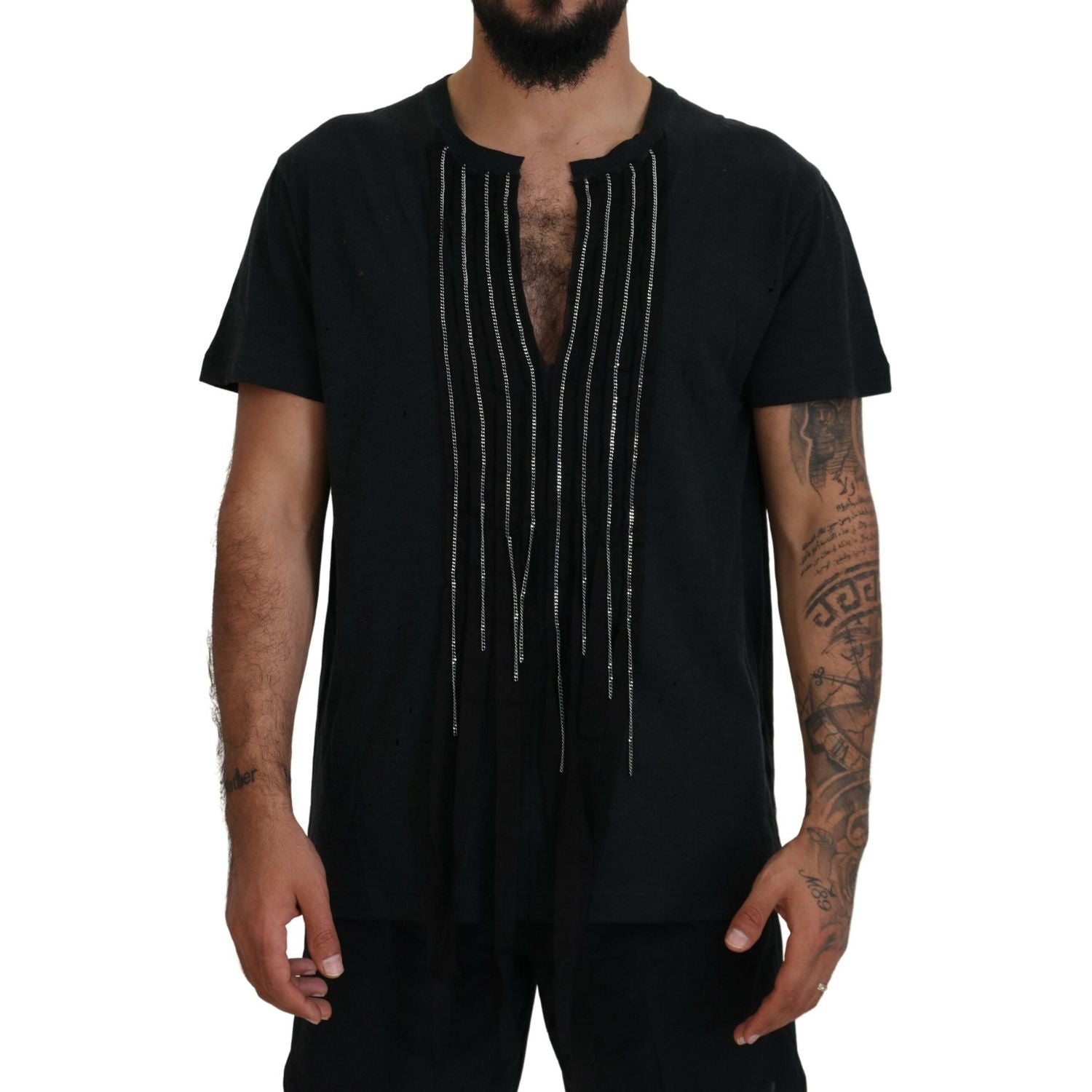 黑色链条缀饰棉质短袖 T 恤