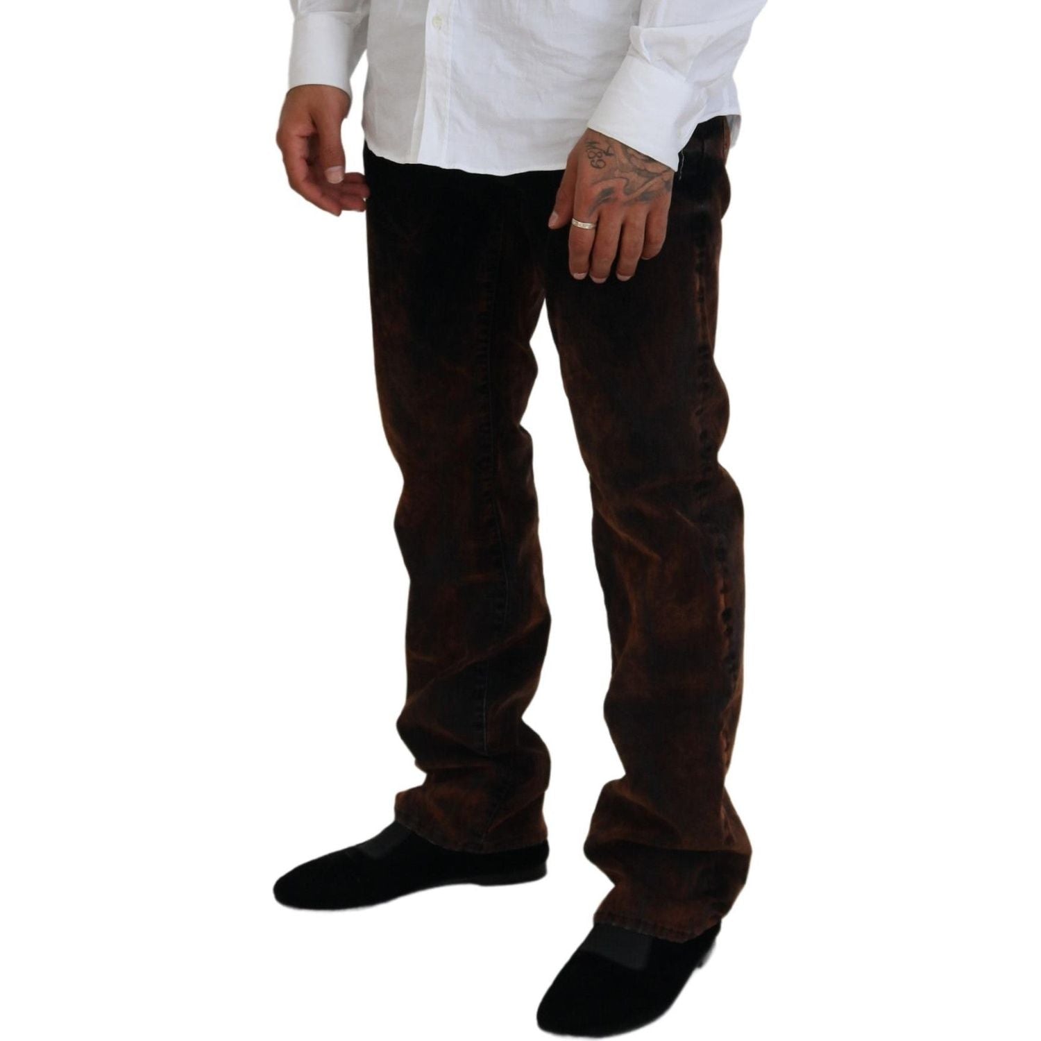 棕色水洗棉质直筒休闲牛仔裤