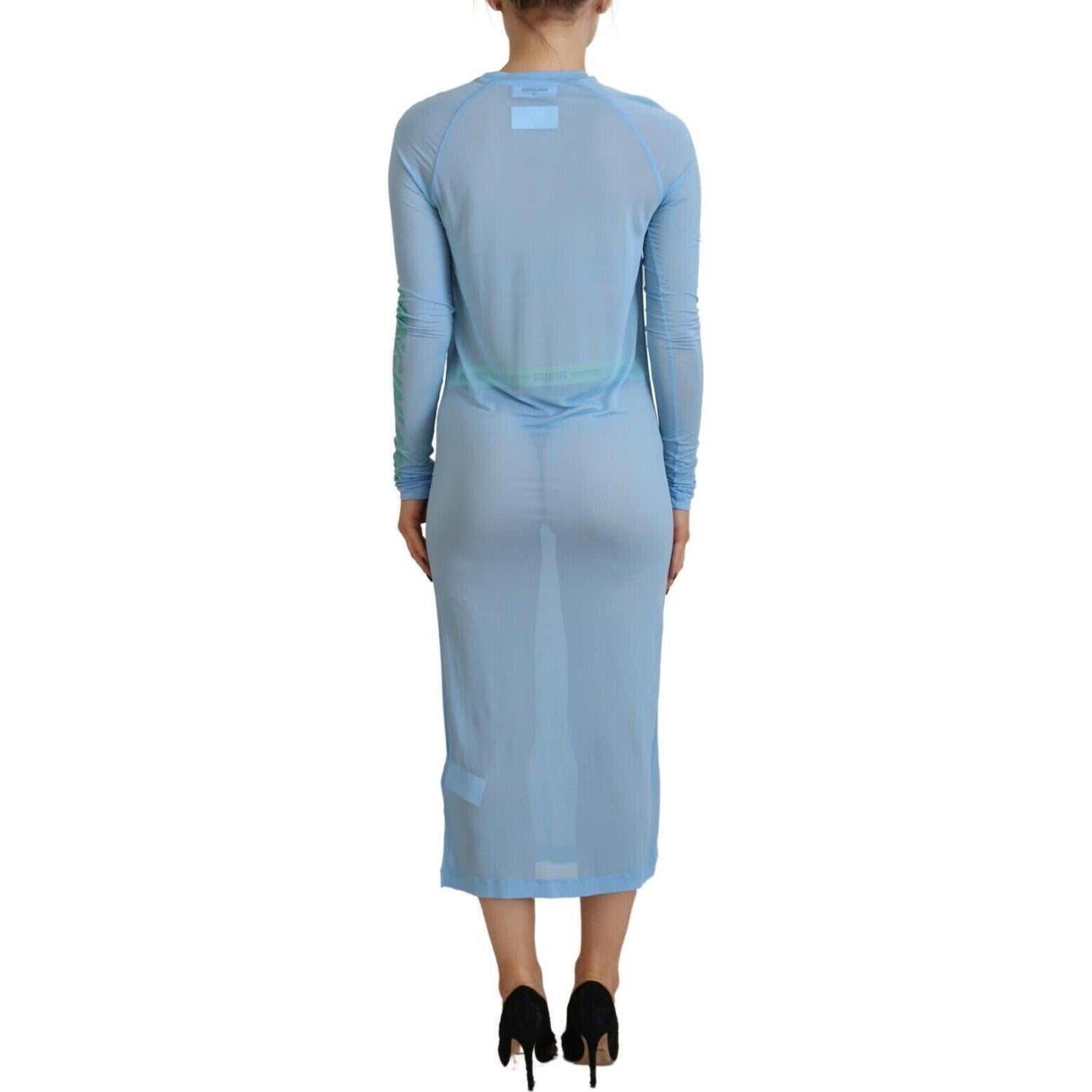 蓝色印花粘胶纤维长袖罩衫连衣裙