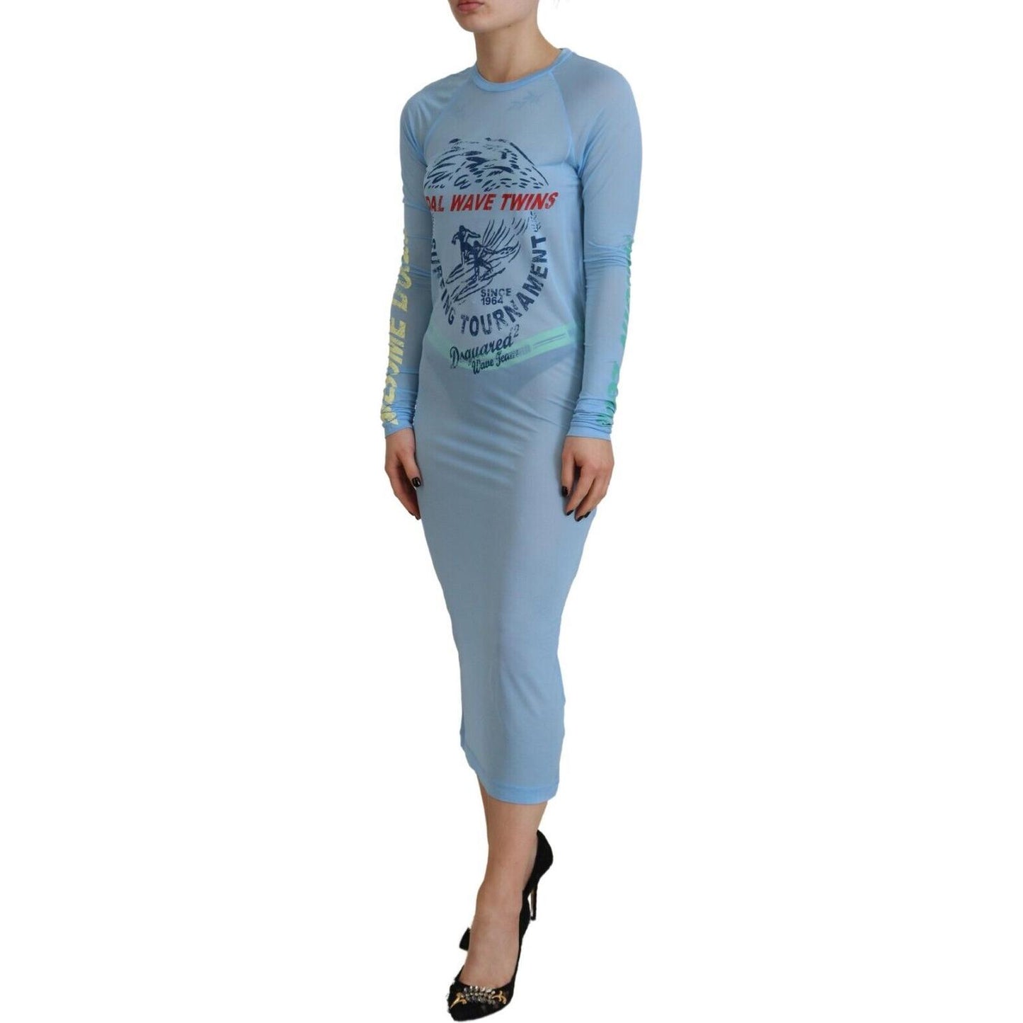 Dsquared² Blue Printed Viscose Long Sleeves Cover Up Dress Dsquared²