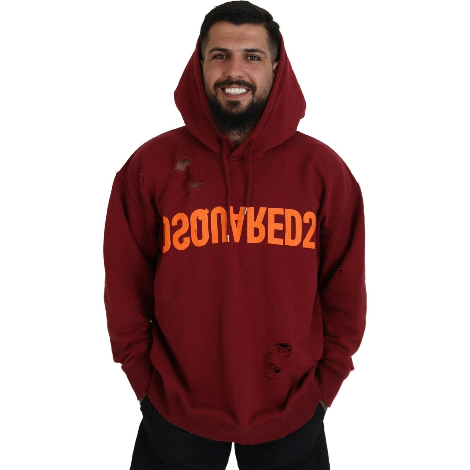 栗色棉质破烂连帽印花套头衫