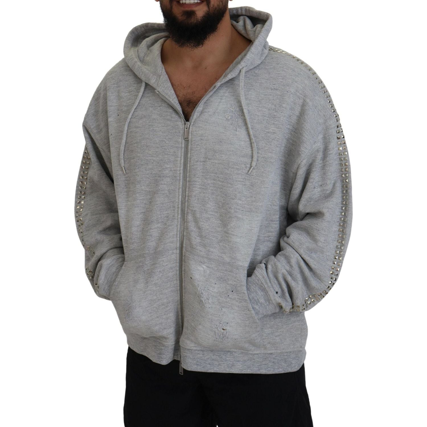 灰色连帽印花水晶装饰毛衣