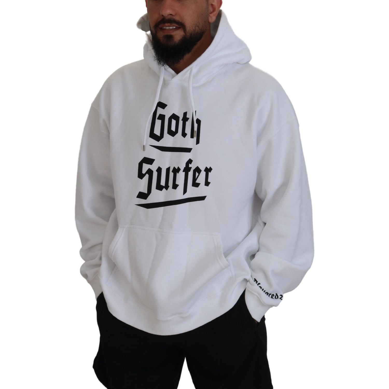 白色棉质连帽印花男式套头衫