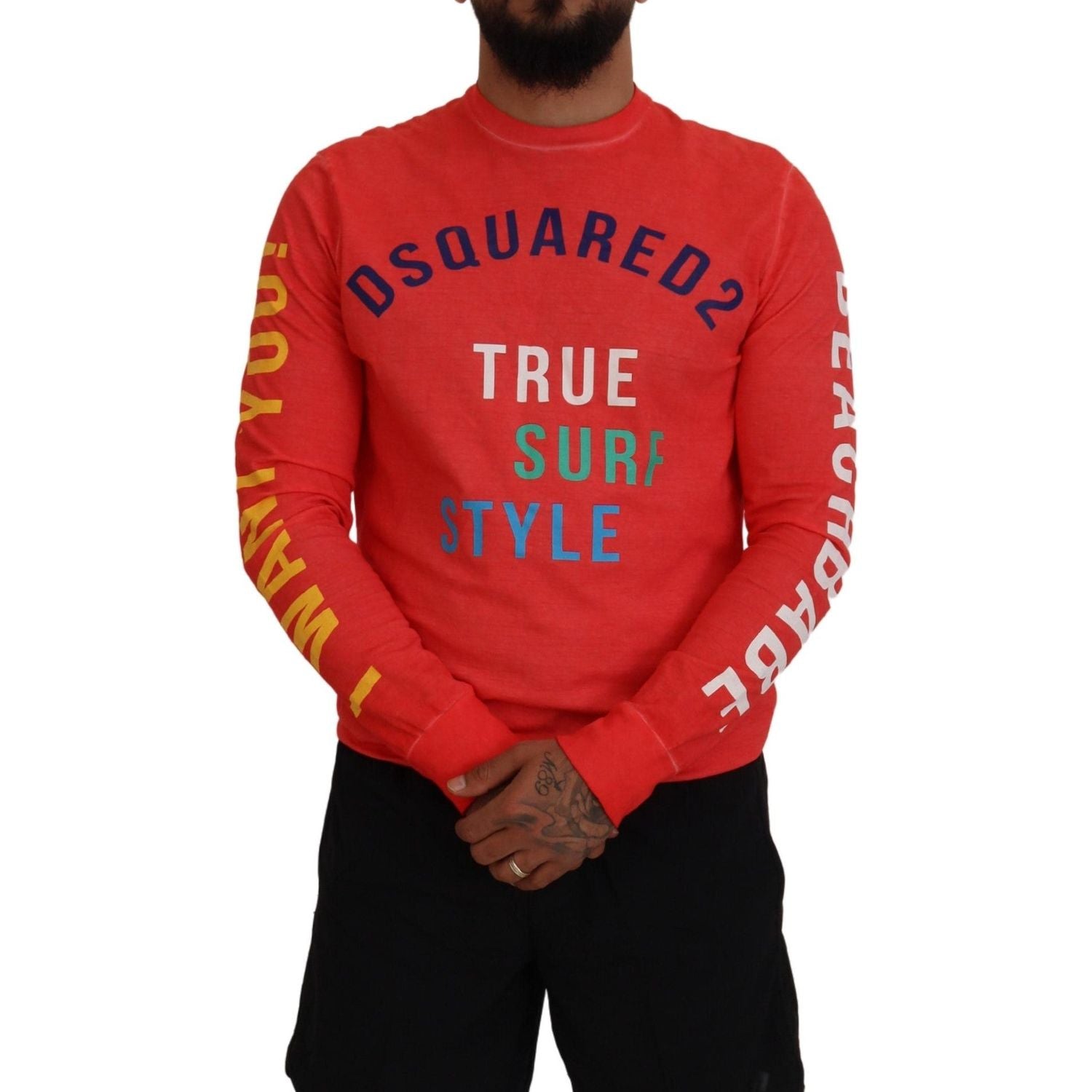 橙色彩色印花长袖上衣 T 恤