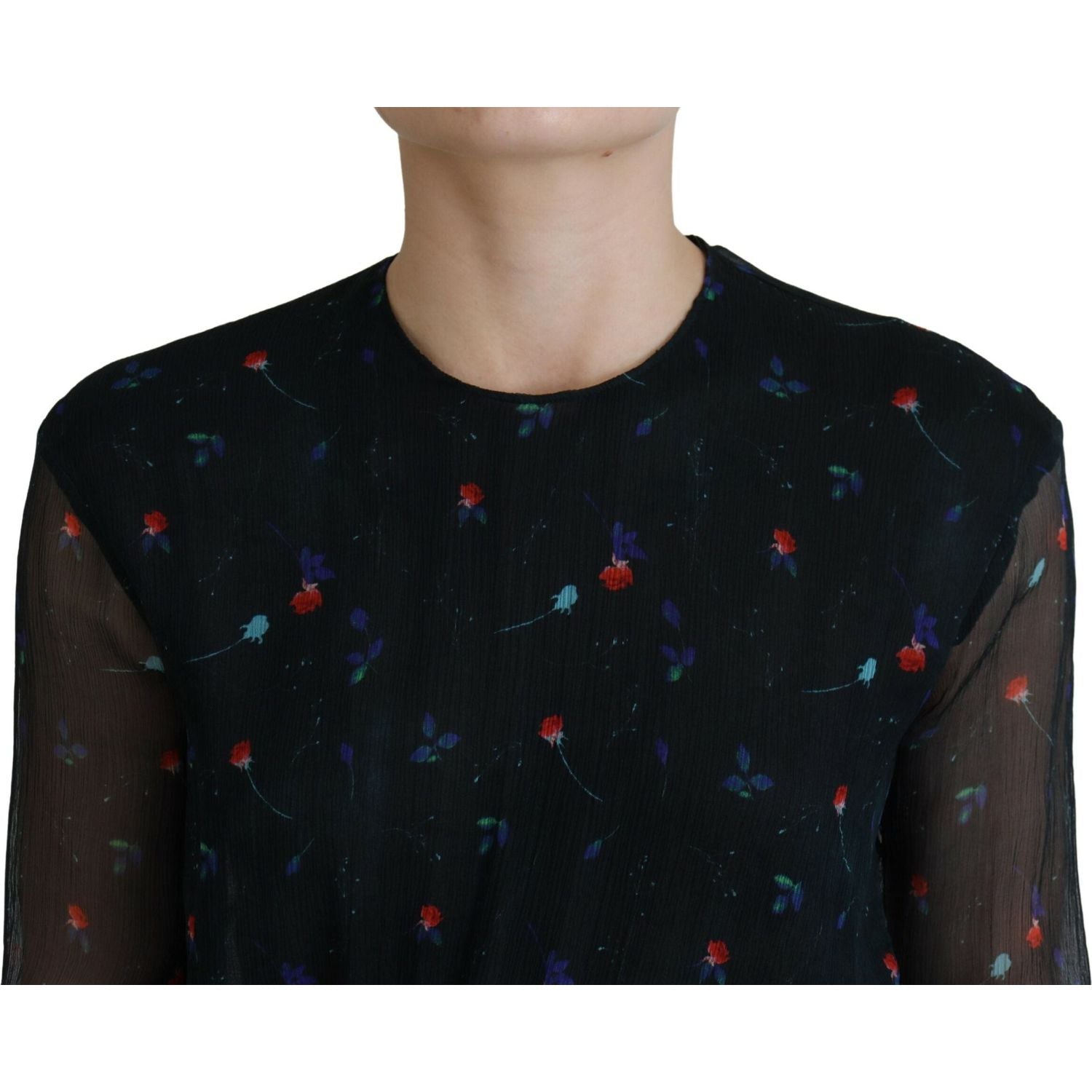 黑色花卉真丝长袖直筒迷你连衣裙