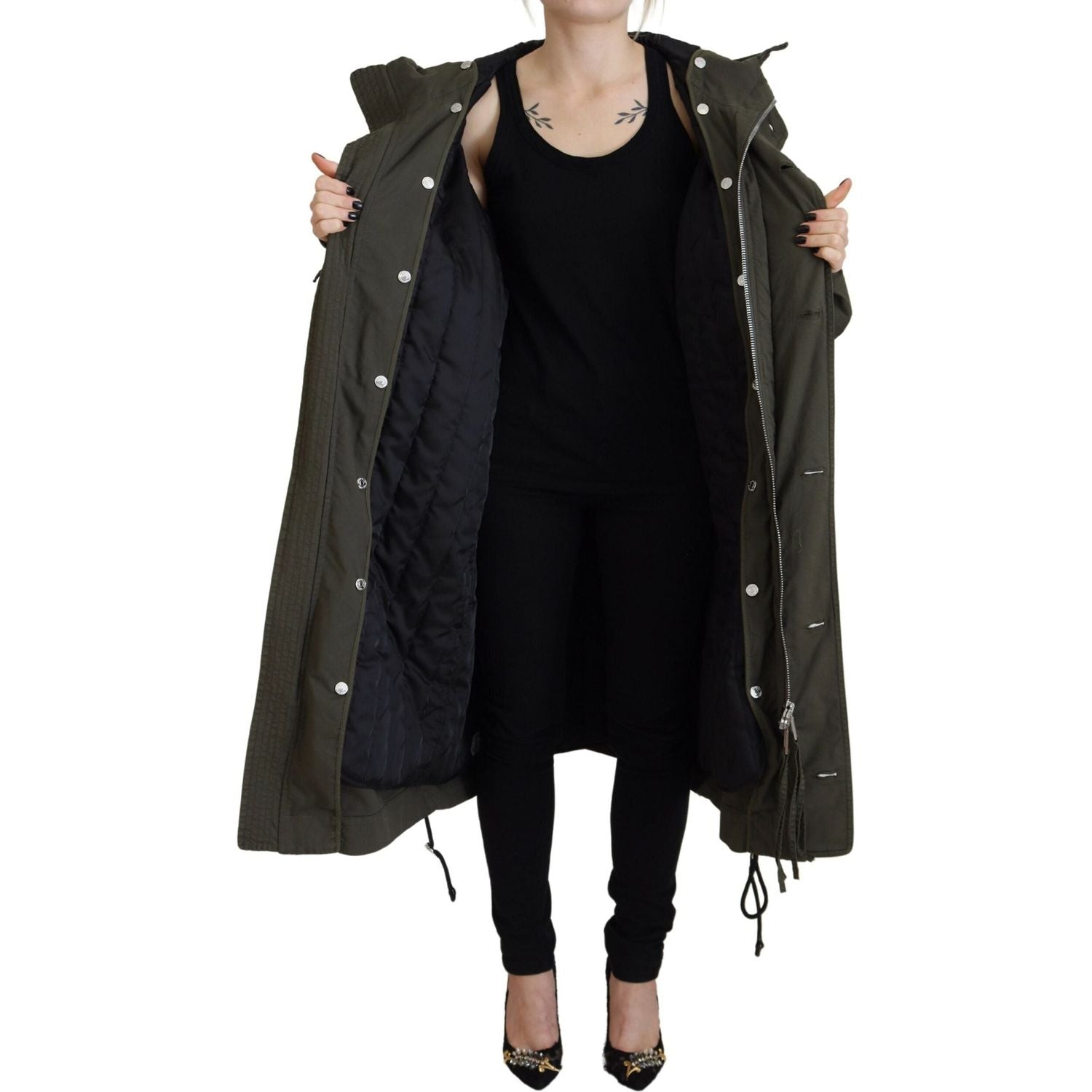 绿色连帽全拉链长款派克大衣