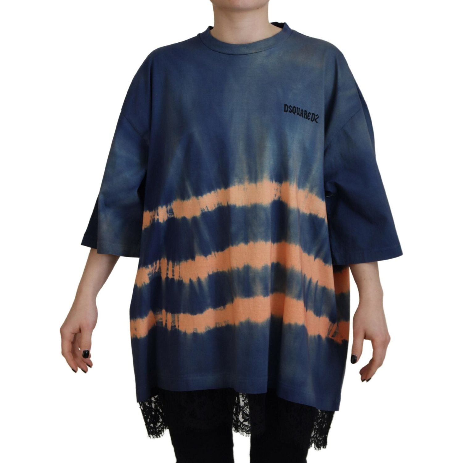 蓝色棉质扎染短袖蕾丝 T 恤